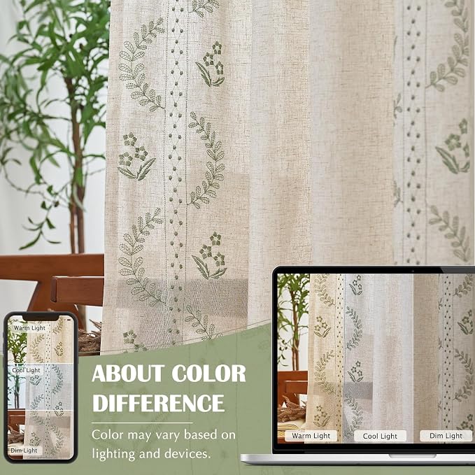 jinchan Belrose Linen Curtains for Bedroom Floral Curtains 108 Inch Length - Image 8