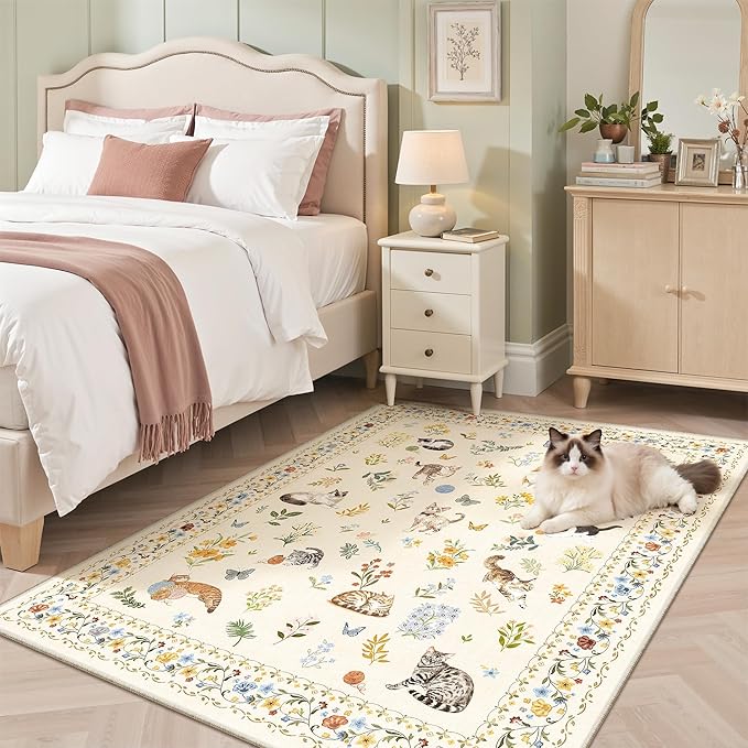 Cat 4x6 Area Rugs, Machine Washable Animal Floral Accent Rug Non-Slip Low Pile - Image 4