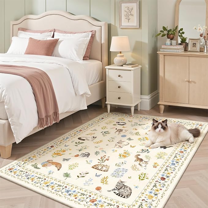 Cat 3x5 Area Rugs for Entryway, Machine Washable Animal Floral Accent Rug - Image 3