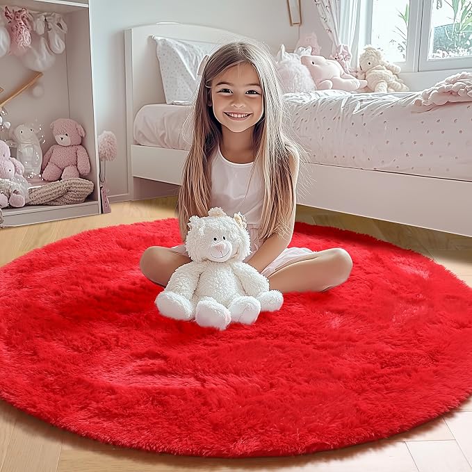 ONASAR Red Round Rugs 5ft for Bedroom Living Room, Fluffy Circle Area Rug for - Image 9