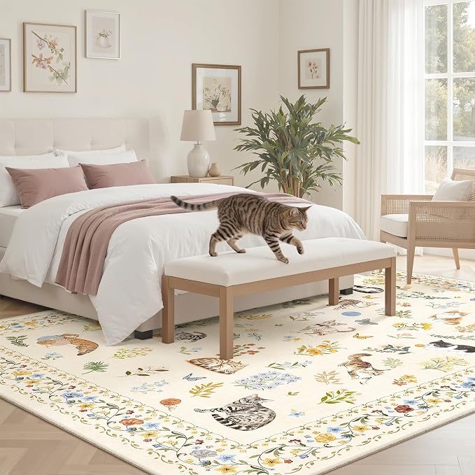 Cat 5x7 Area Rugs for Living Room, Machine Washable Animal Floral Vintage Rug - Image 3
