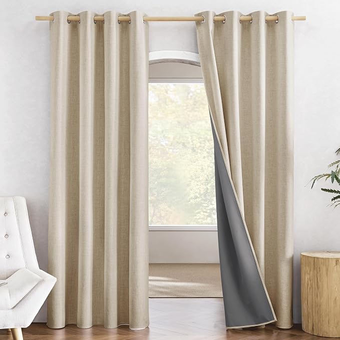 NICETOWN Cream 100% Blackout Linen Curtains 84 inch Long Burg by NICETOWN