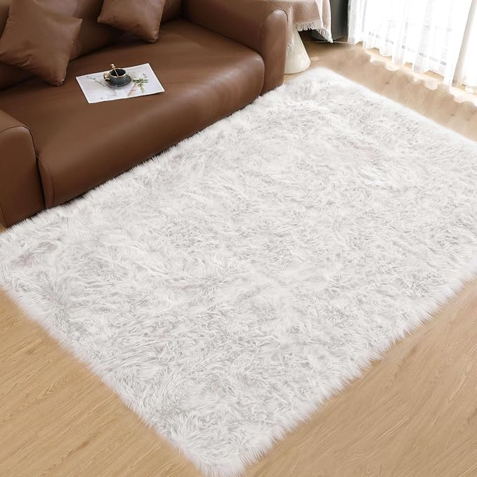 Goolela White Area Rug 6x9 Fluffy Fuzzy Furry Sheepskin Rug by Goolela