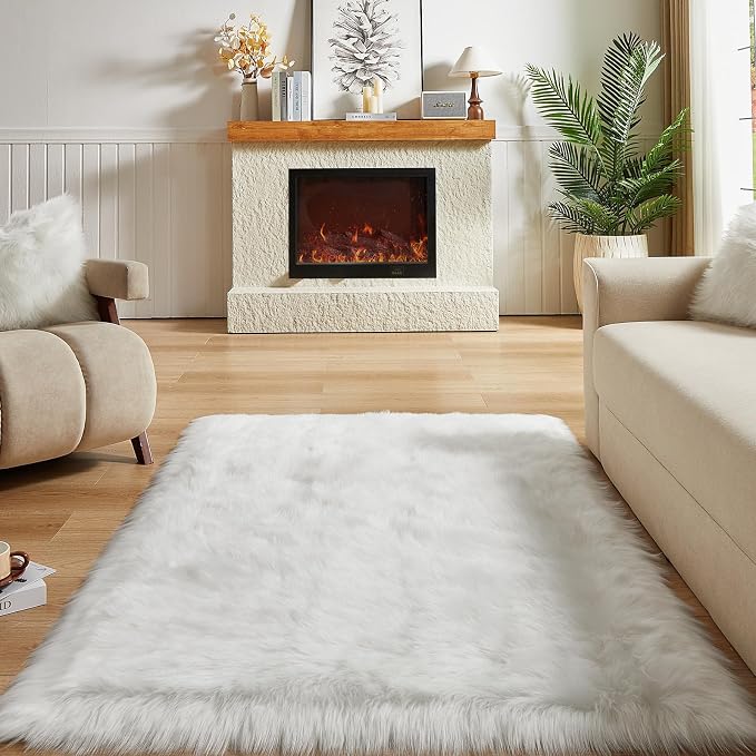AMTOVO Faux Fur Sheepskin Rug for Living Room, 4 x 6 ft White Fluffy Area Rug - Image 2