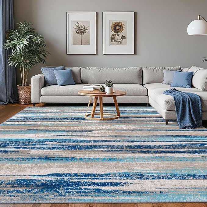 Lansny Modern Abstract 8x10 Large Machine Washable Living Room Rug Non-Slip by lansny