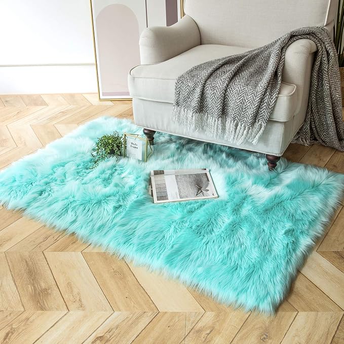 Ashler Faux Fur Area Rug, Fluffy Shaggy 3 x 5 Feet Rectangle Turquoise Fuzzy - Image 4