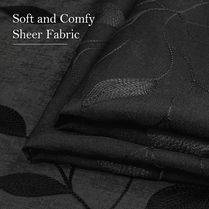 HOMEIDEAS Black Sheer Curtains 52 X 63 Inches Length 2 Panels Black Embroidered - Image 7