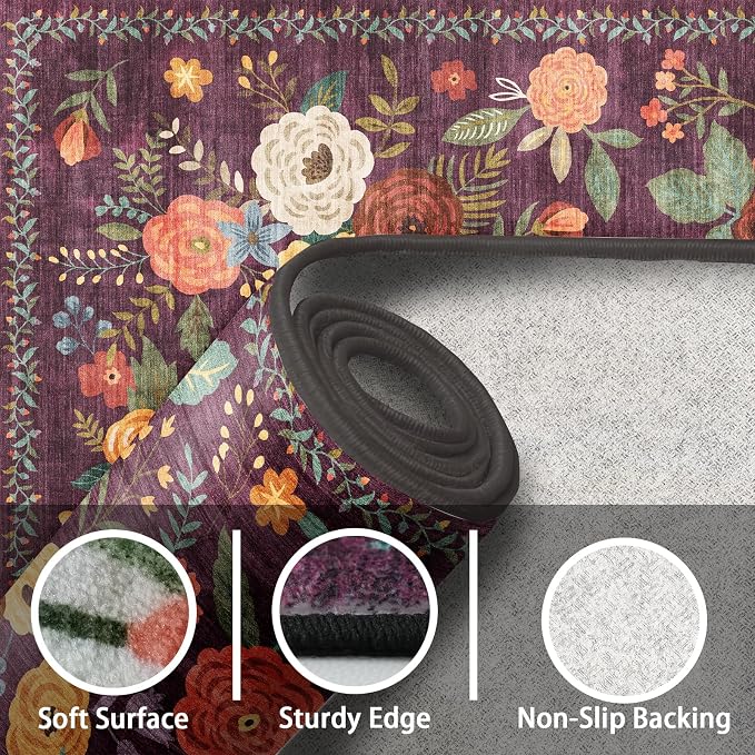 Area Rugs 9x12 Living Room Washable Rug Non Slip Floral Low Pile Large Rug - Image 2