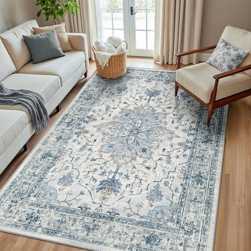 Area Rugs 6'x8' Washable Non-Slip, Floral Vintage Distress Print Pattern by RELEANY