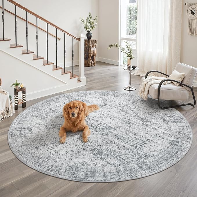 8x8 Grey Round Rug 8ft Living Room Circle Rug Vintage Round Area Rug Non Slip - Image 8