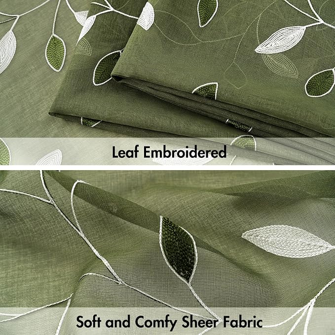 MIULEE Olive Green Sheer Curtains 2 Panels Embroidered Leaf Patterned Rod - Image 4