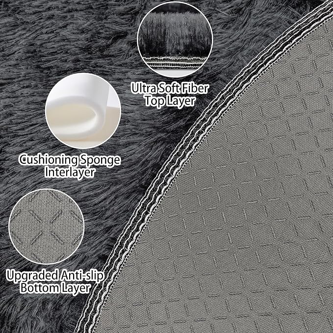 7x7 ft Tie Dye Black Round Rug for Bedroom Room Fluffy Circle Rug Furry Carpet - Image 4