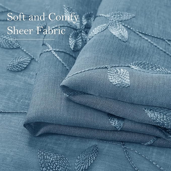 HOMEIDEAS Cyan Blue Sheer Curtains 52 X 84 Inches Length 2 Panels Embroidered - Image 4