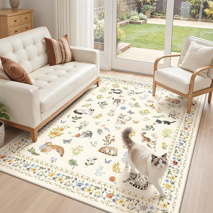 Cat 4x6 Area Rugs, Machine Washable Animal Floral Accent Rug Non-Slip Low Pile - Image 3