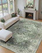 Area Rugs 9'x12' Washable Non-Slip, Floral Vintage Distress Print Pattern by RELEANY