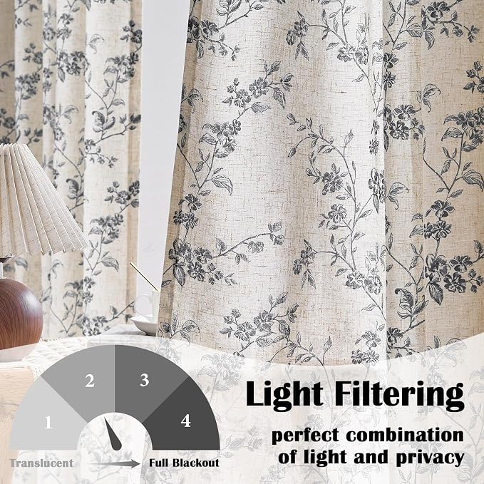 Lazzzy Farmhouse Linen Curtains Black Floral Curtains 63 Inch Length Back Tab - Image 3