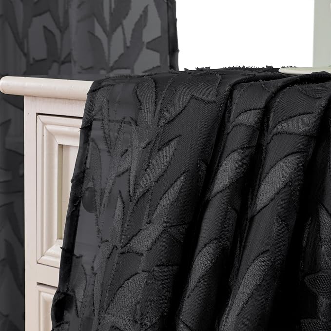 Lecloud Leia Clip Textured Leaf Black Sheer Curtains 63 Inch Length 2 Panels - Image 7