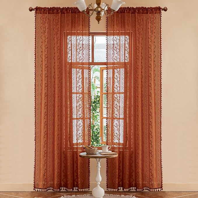 WAZZIO Boho Lace Curtains 84 Inch 2 Panels-Vintage Sheer Panel Drape Floral - Image 3