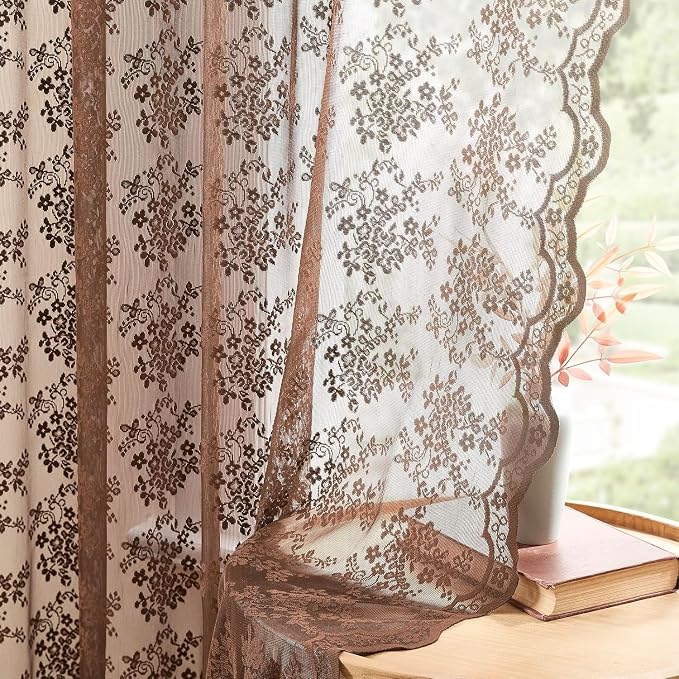 YJ YANJUN Vintage Lace Curtains 108 Inches Long-Victorian Floral Pattern Brown - Image 3