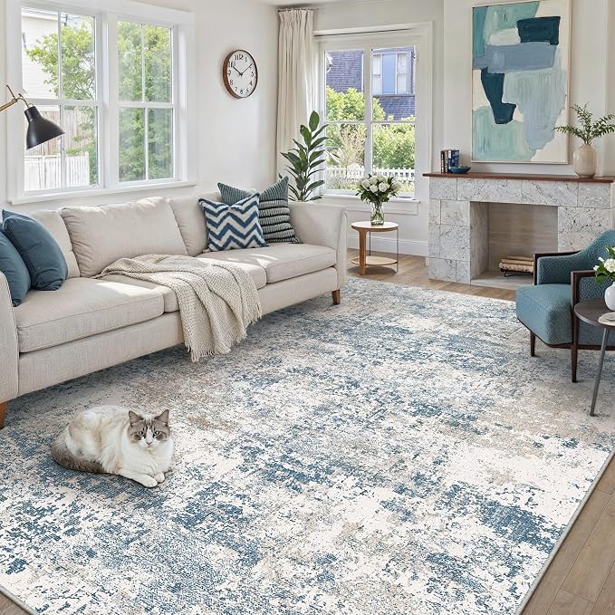 PureCozy Blue 8x10 Area Rug Washable Modern Abstract Living Room Carpet Non - Image 2