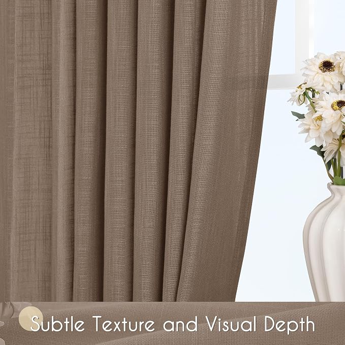 Chocolate Brown Linen Curtain 120 inch Length 2 Panels Back Tab Light Filtering - Image 3