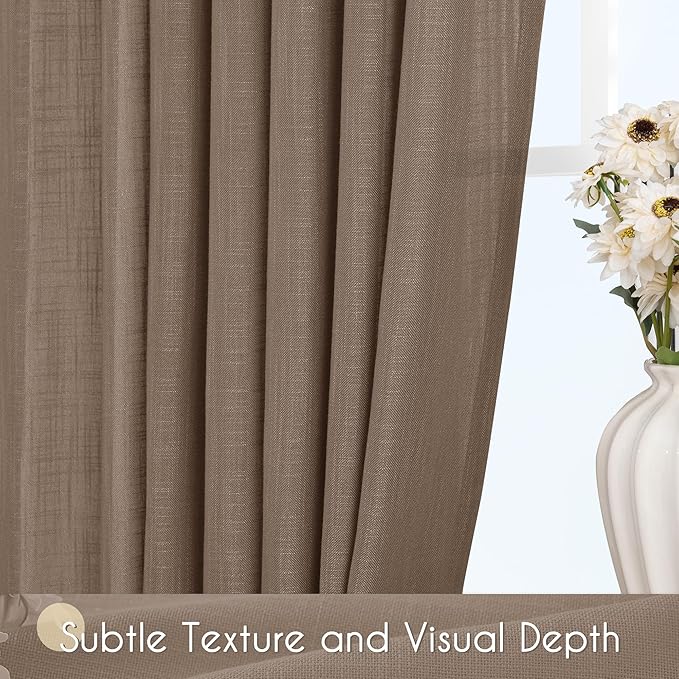 Chocolate Brown Linen Curtain 102 inch Length 2 Panels Back Tab Light Filtering - Image 3
