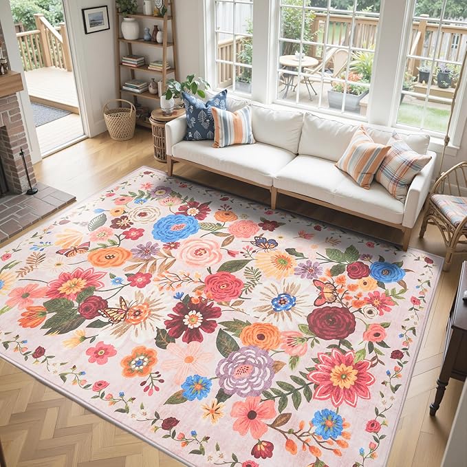 Pink Area Rugs 9x12 Living Room Washable Rug Non Slip Floral Low Pile Large Rug - Image 4