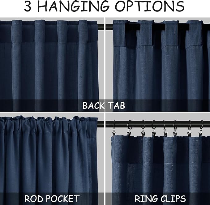 Denim Blue Linen Curtains 102 Inches Long Rod Pocket Back Tab Drapes 2 Panels - Image 2