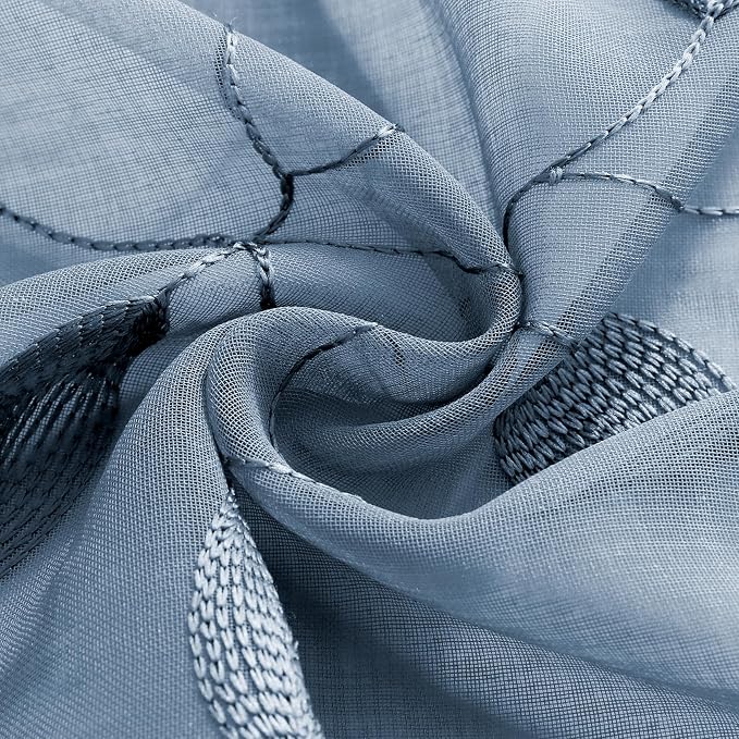 HOMEIDEAS Stone Blue Floral Sheer Curtains 96 Inches Long 2 Panels Embroidered - Image 6