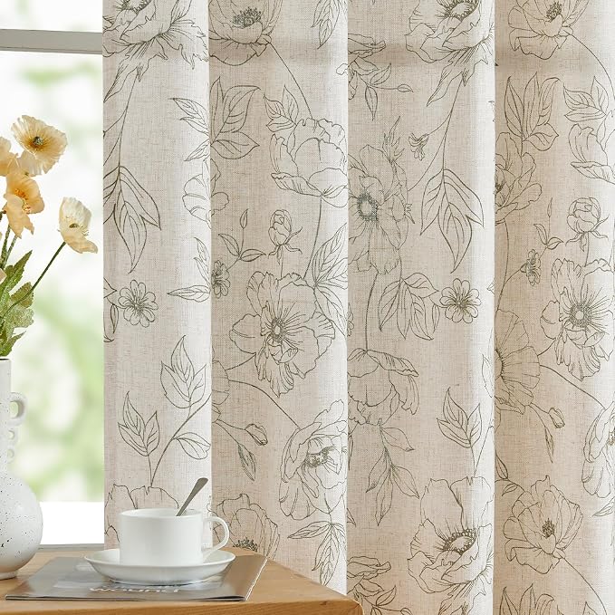 jinchan Floral Linen Curtains for Living Room 96 Inch Length Green Flower by JINCHAN