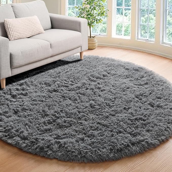 ONASAR Grey Round Area Rug 4ft, Fluffy Plush Shaggy Carpet Mats by ONASAR