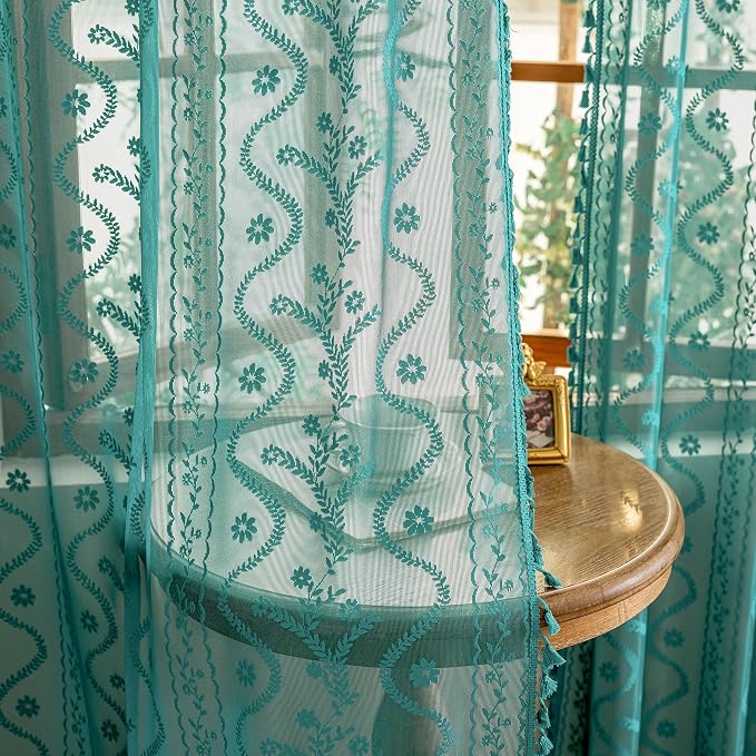 WAZZIO Boho Lace Curtains 2 Panels 72 Inch -Victorian Sheer Panel Drape French by WAZZIO