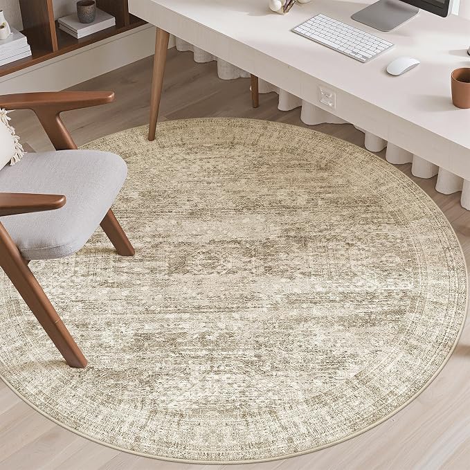 6x6 Brown Round Rug 6ft Living Room Circle Rug Vintage Round Area Rug Non Slip - Image 4