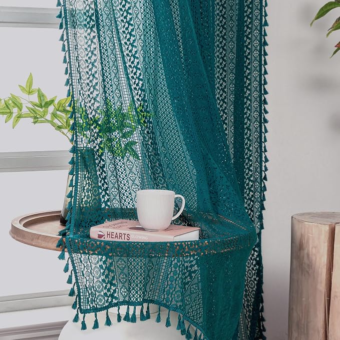 WAZZIO Boho Lace Curtains 63 Inches 2 Panel, Light Filtering Privacy Tassel & - Image 4