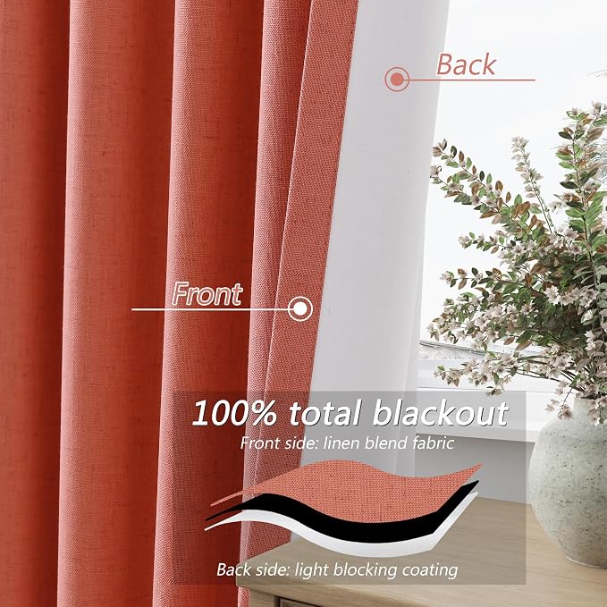Guken Coral 100% Blackout Linen Curtains 108 Inch Length 2 Panels Set - Image 4
