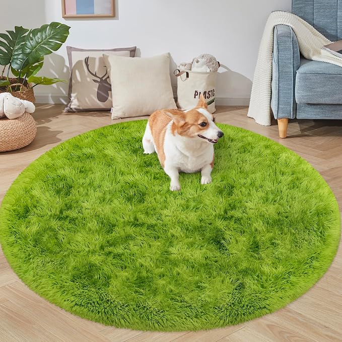 5x5 ft Tie Dye Green Round Rug for Bedroom Room Fluffy Circle Rug Furry Carpet - Image 6