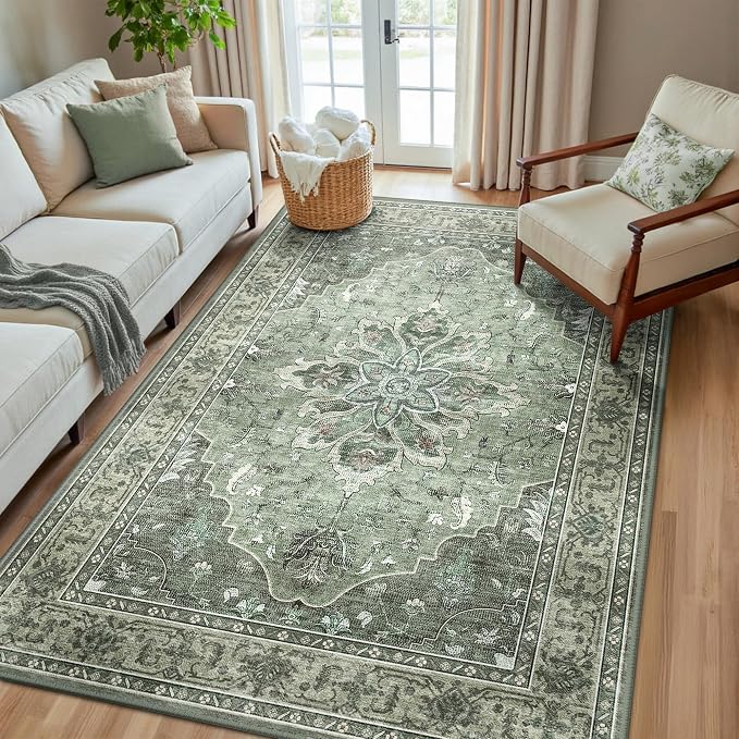 Area Rugs 5'x8' Washable Non-Slip, Floral Vintage Distress Print Pattern by RELEANY