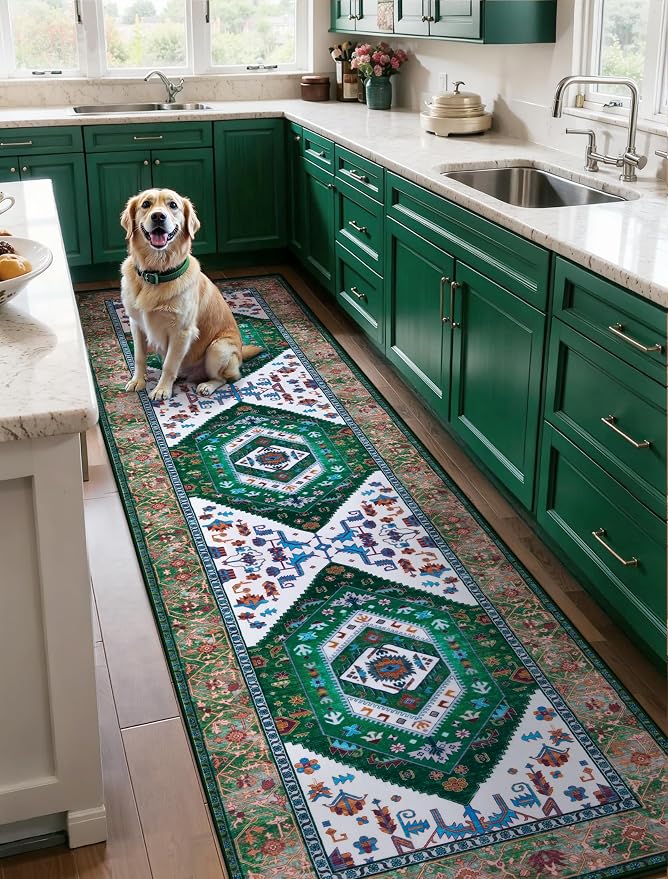 SERISSA Runner Rug for Hallways, Long Boho Rug Vintage Green White Hallway - Image 2