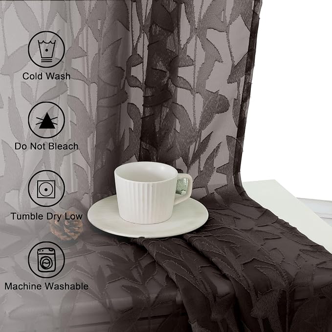 Lecloud Leia Clip Textured Leaf Chocolate Brown Sheer Curtain 63 Inch Length 2 - Image 7