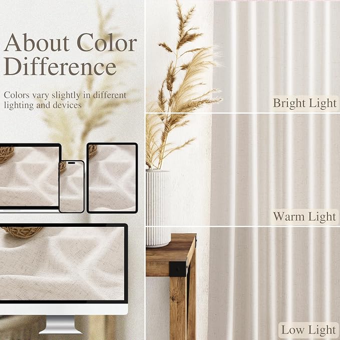 Extra Long Curtain 108 inches Long 2 Panels Set Back Tab Beige Linen Drapes - Image 4