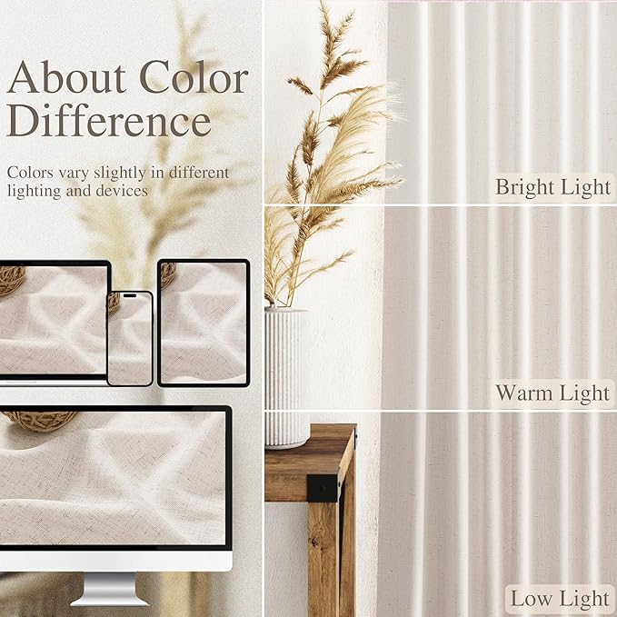 Beige Linen Curtains 84 Inch Length 2 Panels Back Tab Rod Pocket Semi Sheer - Image 4