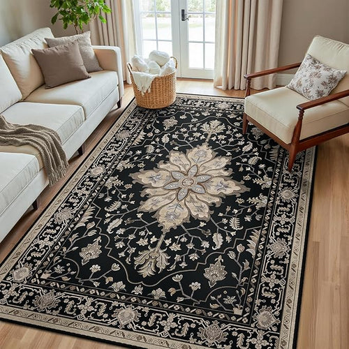 Area Rugs 5'x8' Washable Non-Slip, Floral Vintage Distress Print Pattern by RELEANY