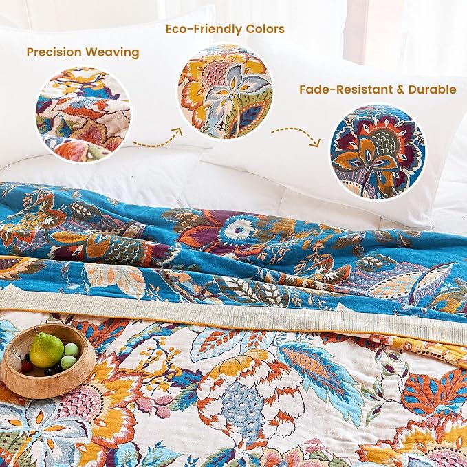 MSGKV Boho Throw Blanket 90"x90" Floral Cotton Blanket - Image 3