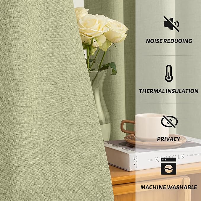 Yakamok Linen Sage Curtains 100% Blackout 63 Inches Long, Room Darkening - Image 5
