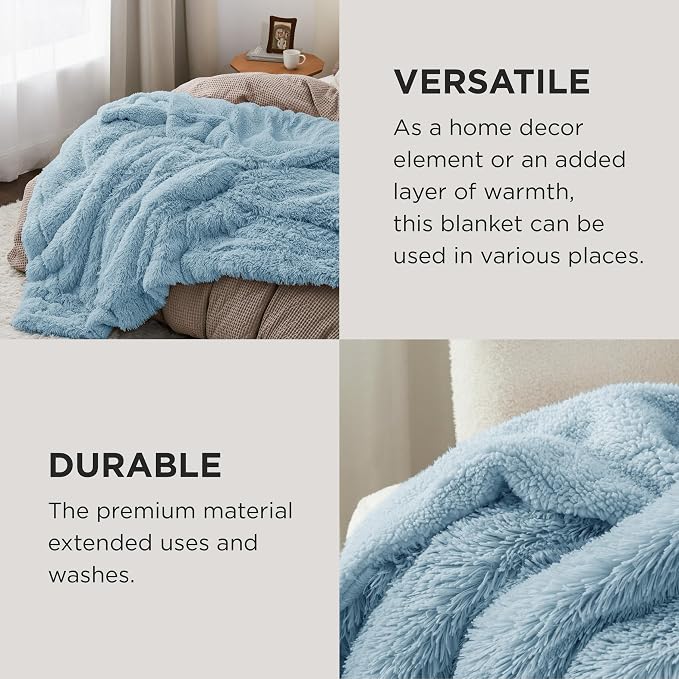 Bedsure GentleSoft Fuzzy Sherpa Faux Fur Blue Twin Blanket Cozy Gifts - Image 4