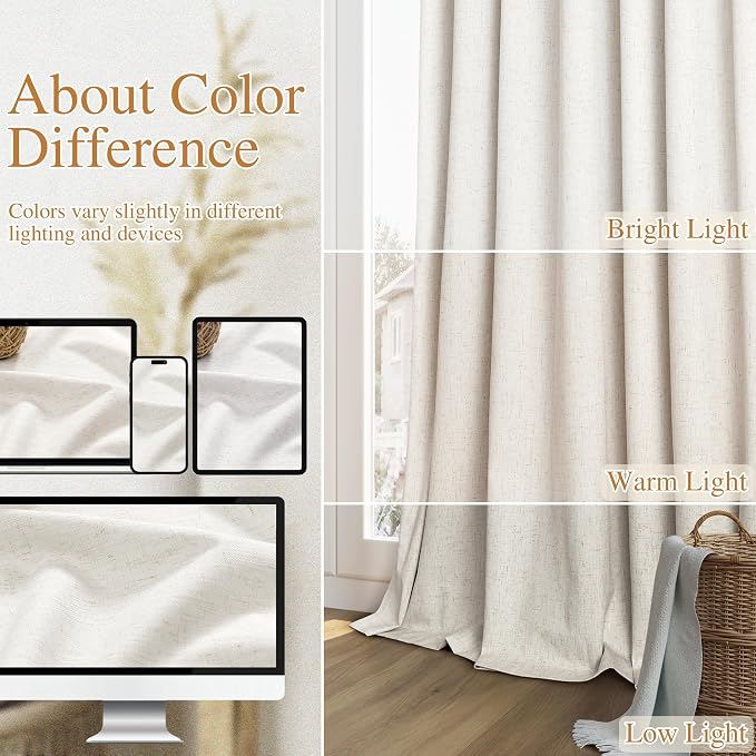 Beige White 100% Blackout Linen Curtains 102 Inch Length 2 Panels Set - Image 7