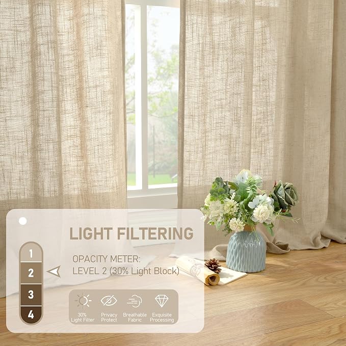 LAMIT 54 Inch Semi Sheer Window Linen Curtains, Light Filtering Panels Back Tab - Image 4