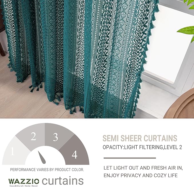 WAZZIO Boho Lace Curtains 45 Inches 2 Panel, Light Filtering Privacy Tassel & - Image 3