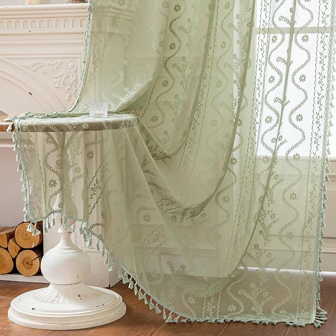 WAZZIO Boho Lace Curtains 2 Panels 84 Inch -Vintage Victorian Sheer Panel Drape - Image 6