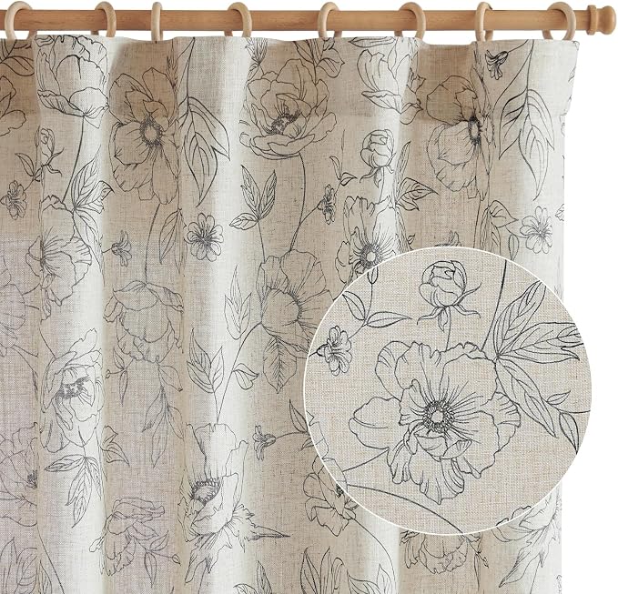 jinchan Linen Floral Curtains for Living Room 84 Inch Length Grey Flower - Image 9